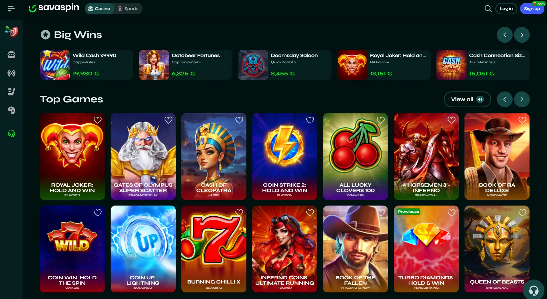 Interfaccia del sito web ufficiale di Savaspin Casino che mostra i migliori giochi di slot e le grandi vincite